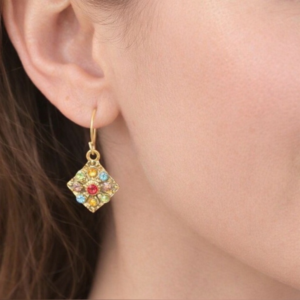 Multicolor Rhinestone Floral Dangle Earrings Gold Tone Boho Vintage Style